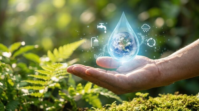 Human hand holding a glowing water drop with environmental icons