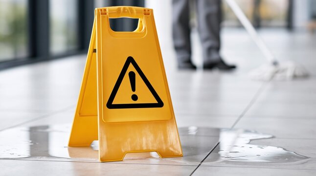 Yellow caution sign placed on a wet office floor while a person cleans the hallway during the day