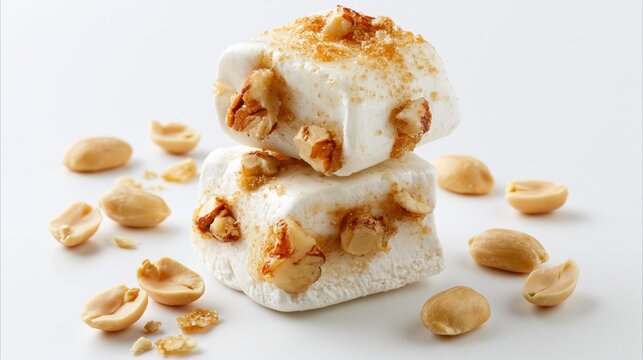 Soft white marshmallow taffy pieces topped with crunchy peanuts and sweet brown sugar for snacking