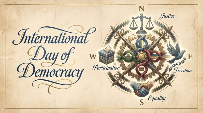 International Day of Democracy Vintage Poster with Compass Symbols of Justice, Participation, Freedom and Equality on Aged Paper Background