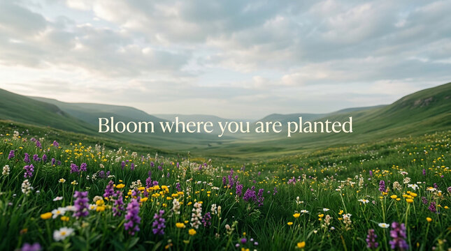 Inspirational quote bloom where you are planted, scenic mountain valley with wildflowers, peaceful nature landscape background