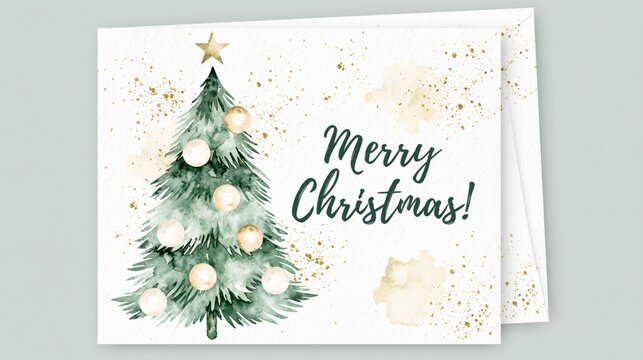 Refined hand-painted watercolor Christmas card with a festive fir tree and golden holiday lettering