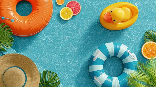Colorful floating rings and a rubber duck bobbing on clear blue swimming pool water during summer