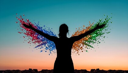 Fototapeta premium Silhouette of woman with open arms creating colorful crystal wings against sunset sky