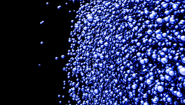 A cluster of blue bubbles floating against a black background