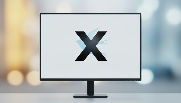 Monitor displaying the X social media logo over the faded Twitter bird icon in office.