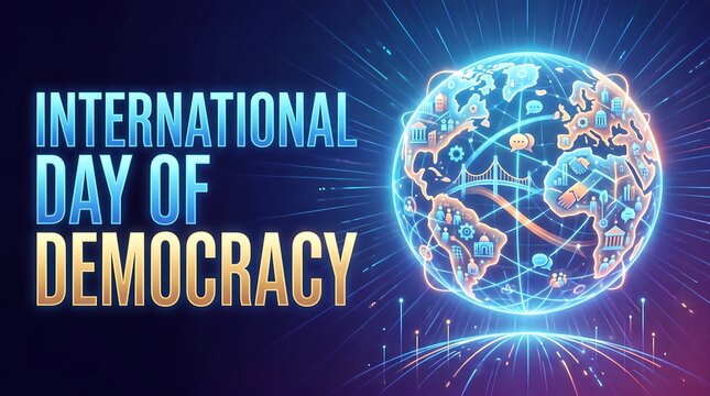 International Day of Democracy Celebration Banner with Glowing Digital Earth Globe and Symbols of Global Governance, Unity, and Civil Rights