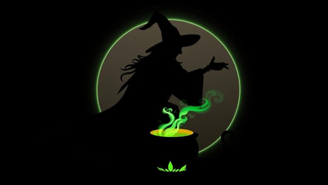 Silhouette of a witch brewing a magic potion in a cauldron against a glowing green moon background for halloween celebration
