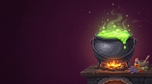witch cauldron boiling green potion over fire with purple copy space illustration