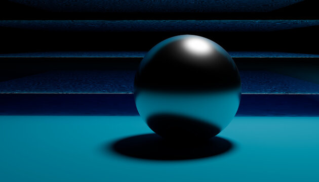 A shiny metallic sphere sits on a blue surface in a minimalist setting