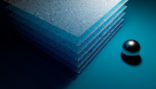 Stack of patterned papers with a metal reflective ball on blue surface