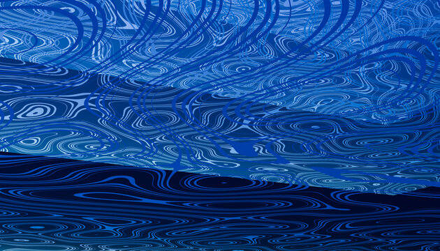 Abstract blue digital artwork with wavy lines and circular ripple