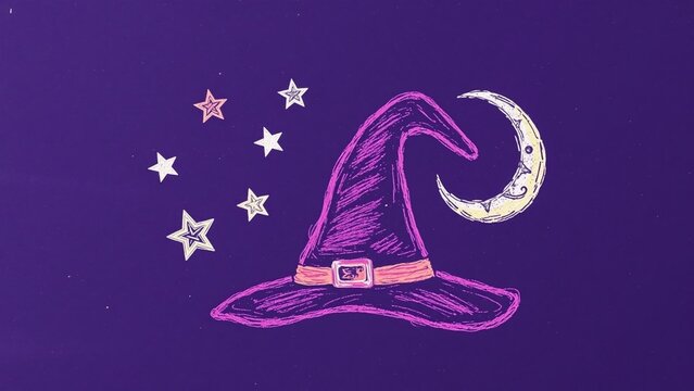 Handdrawn illustration of a witch hat with a crescent moon and stars on a purple background