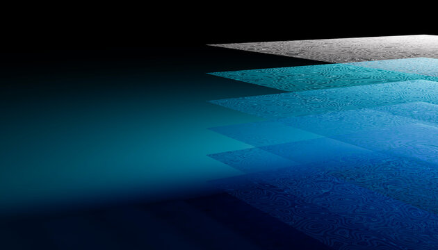 Stacked transparent layered sheets with blue and white patterns create