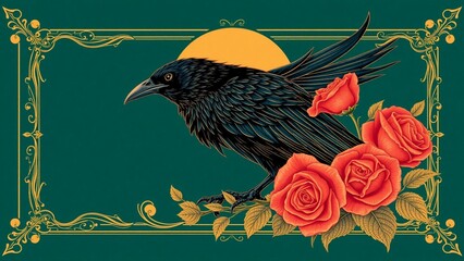 Obraz premium A majestic black raven perched on a rose branch with vibrant red flowers against a dark teal background with an ornate golden frame