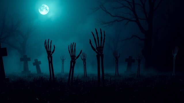 Spooky graveyard scene with skeleton hands rising from the ground under a full moon in a foggy night landscape