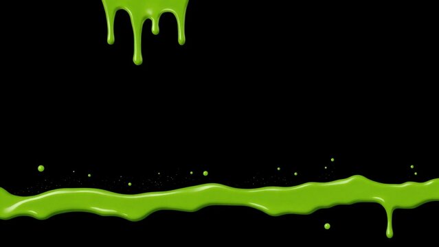 Green slime drips and splash isolated on black background toxic liquid or paint flowing down, halloween ooze or radioactive sludge design element