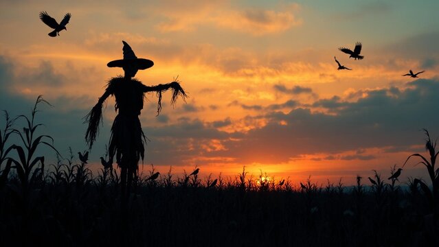 Silhouette of a spooky scarecrow wearing a witch hat standing in a cornfield at sunset with birds flying in the dramatic orange sky