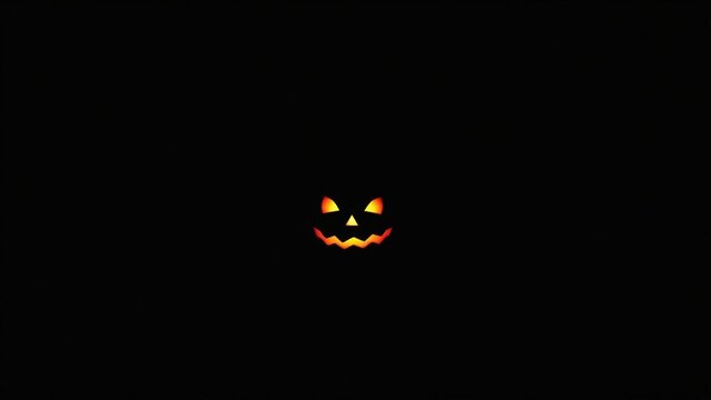 Glowing jackolantern face in the dark, spooky halloween carved pumpkin expression with bright orange light on black background