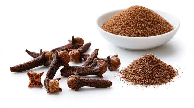 Dried whole cloves and mounds of ground clove spice placed together on a bright white background