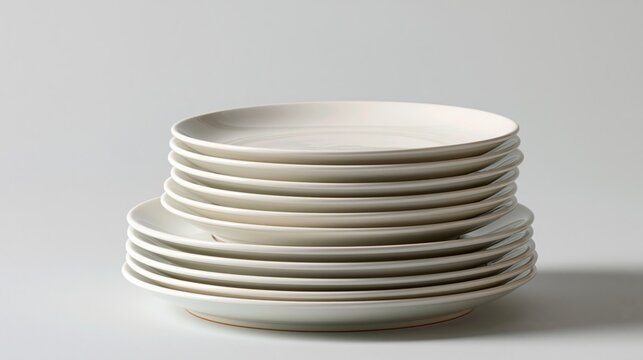 Clean white plates neatly stacked in a vertical tower on a plain background