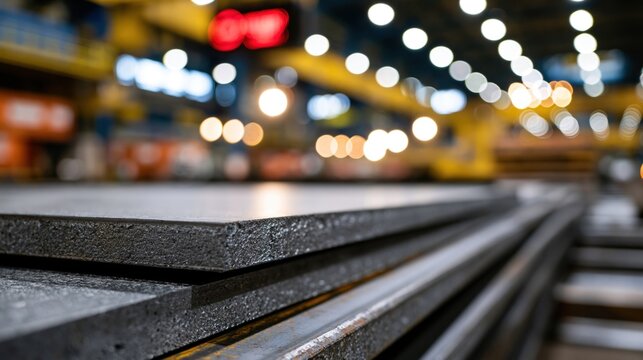 Close up view of raw industrial steel plates stacked inside a brightly lit manufacturing facility