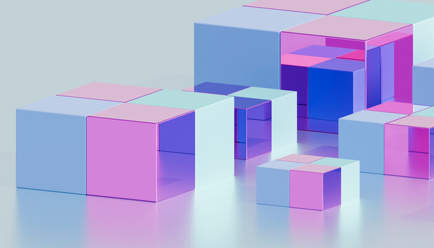 Colorful abstract 3d cubes arranged on a reflective surface