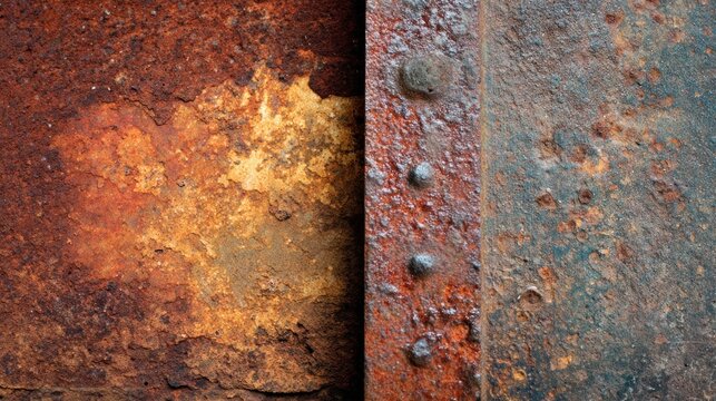 Old oxidized metal texture showing a split view of corroded iron and fresh silver steel finish