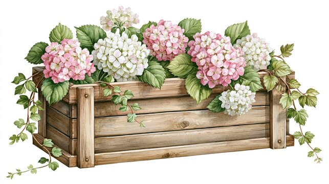 Pink and white hydrangeas in a wooden box on white