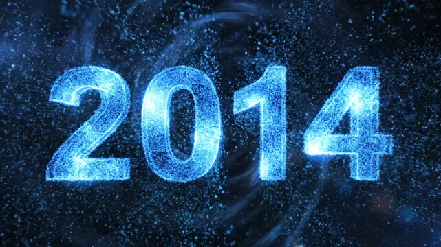 Blue glowing 2014 year number in cosmic space background