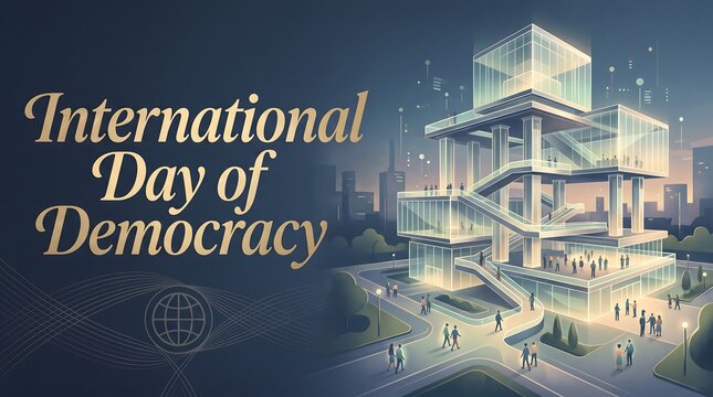International Day of Democracy Celebration Banner with Futuristic Glass Architecture, Diverse People, and City Skyline Concept for Global Freedom.