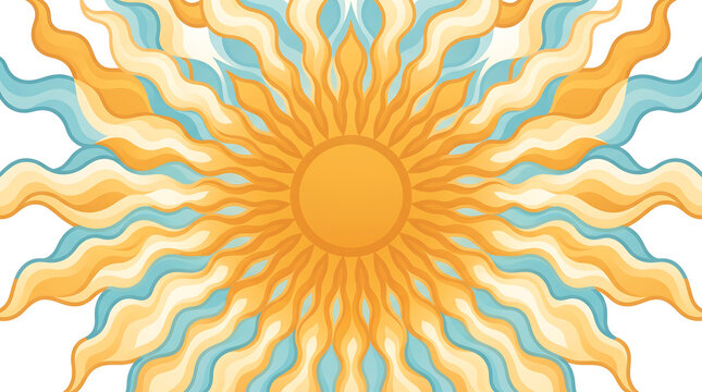 Abstract sunburst pattern with wavy yellow and blue rays on a white background