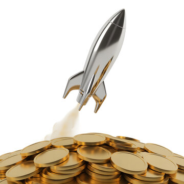 Silver Rocket Blasting Off from Pile of Gold Coins