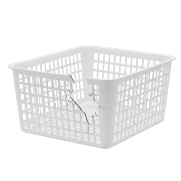 Broken white plastic storage basket with a large crack isolated on white background