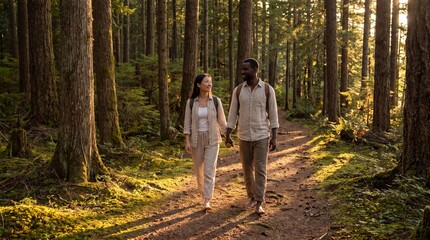 Fototapeta premium Wide photorealistic shot of a diverse young couple walking barefoot on a quiet forest path during golden hour, holding hands