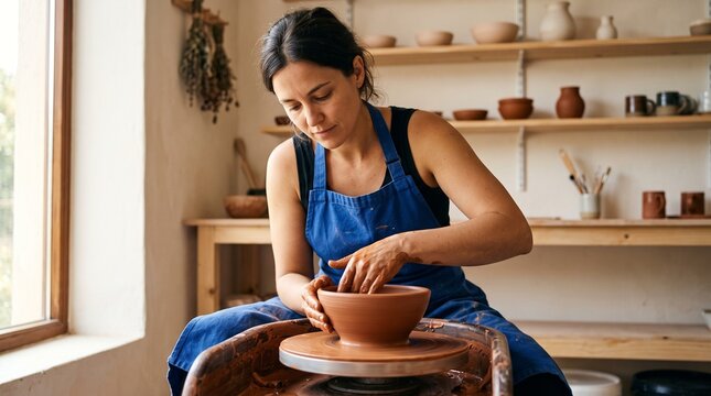 Young Potter Shaping Clay at Wheel in a Warm Ceramic Studio
