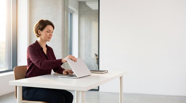 Woman Reviewing a Notebook at a Minimal Desk With Copy Space