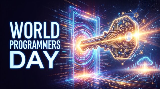 World Programmers Day Background with Futuristic Digital Circuit Key Unlocking Innovation and Software Development Technology Concept