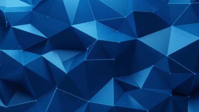 Abstract geometric background featuring a lowpoly pattern of interconnected blue triangles and glowing nodes, creating a modern digital aesthetic