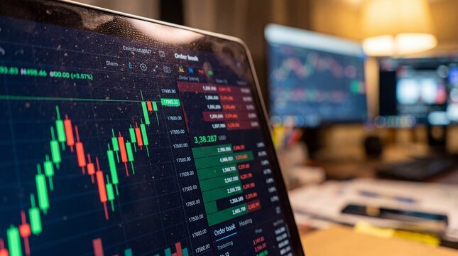 Close-up macro of a laptop screen showing a green/red candlestick chart and an order book heatmap