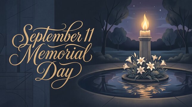 September 11 Memorial Day Banner, Patriot Day Commemoration with Candle Torch and White Lilies in a Reflective Pond at Night