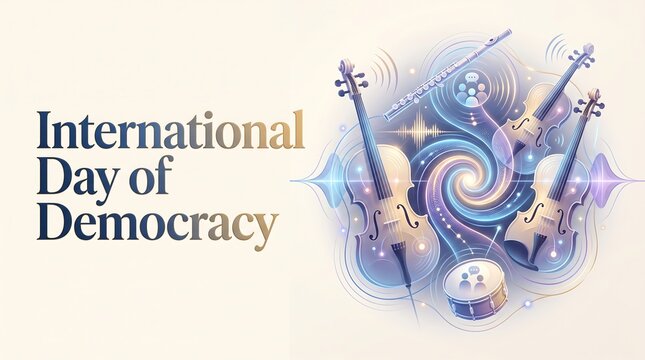 International Day of Democracy Poster with Artistic Musical Instruments and Glowing Sound Waves Symbolizing Global Harmony, Unity, and Peace
