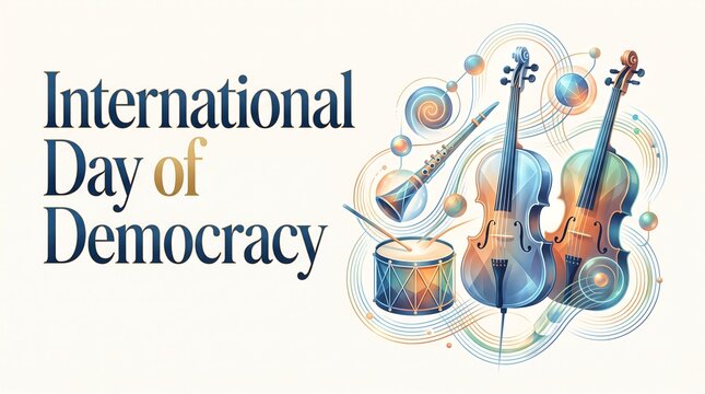 International Day of Democracy Banner with Musical Instruments, Cello, Drum, and Flute Illustrating Harmony, Unity, and Global Social Cooperation.