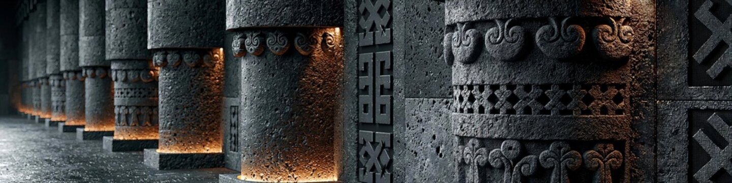 A 3D render of ancient stone pillars with intricate carvings illuminated by warm light in a grand hall.