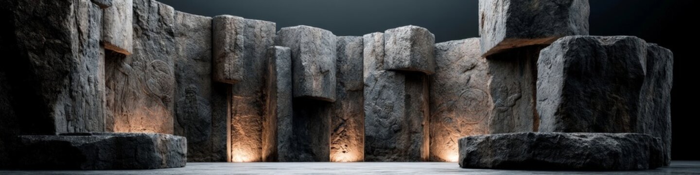 An ancient stone amphitheater with basalt columns and carved reliefs, illuminated as a dramatic stage backdrop for cultural performances.