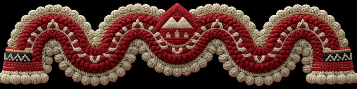 A vibrant textile-inspired design featuring a red and cream woven pattern with mountain and village motifs, evoking a ceremonial folk art aesthetic.