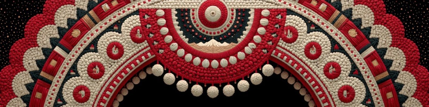 A vibrant textile-inspired arch design featuring red, white, and black patterns with mountain and village motifs woven into a ceremonial folk ornament.