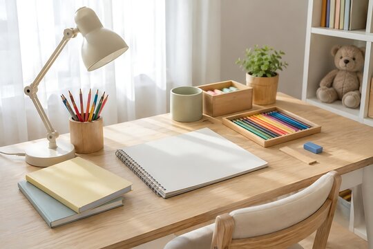 Wooden study desk with school supplies and lamp