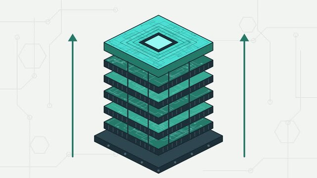 Hbm Memory Stack 3D Animation, Digital Data Storage Visualization, Seamless Loop Motion Graphics, Technology Background, Computer Architecture, Memory Module, Digital Circuit Design