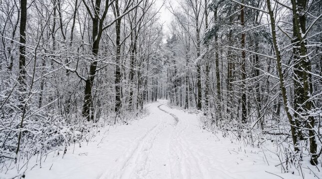 Straight path through a dense snow covered forest.